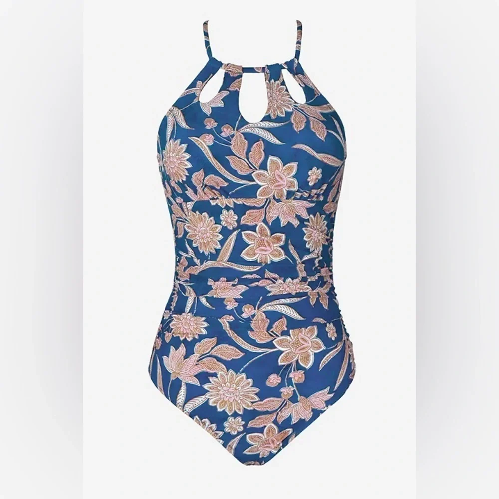 Cupshe Rich Blue Floral Cutout Ruched One-Piece Swimsuit Size M EUC